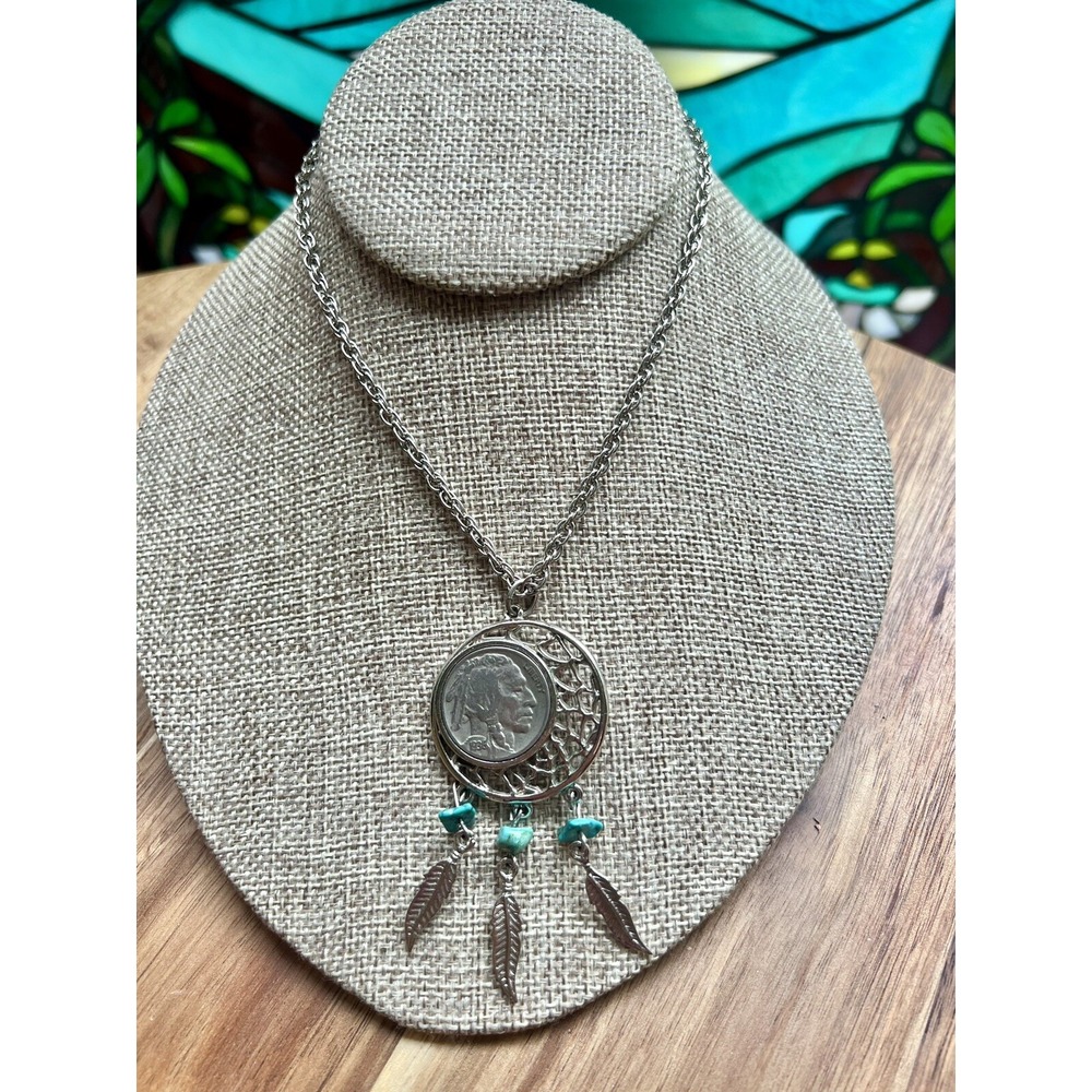 Vintage 1936 Buffalo Nickel & Turquoise Bead Native American Necklace